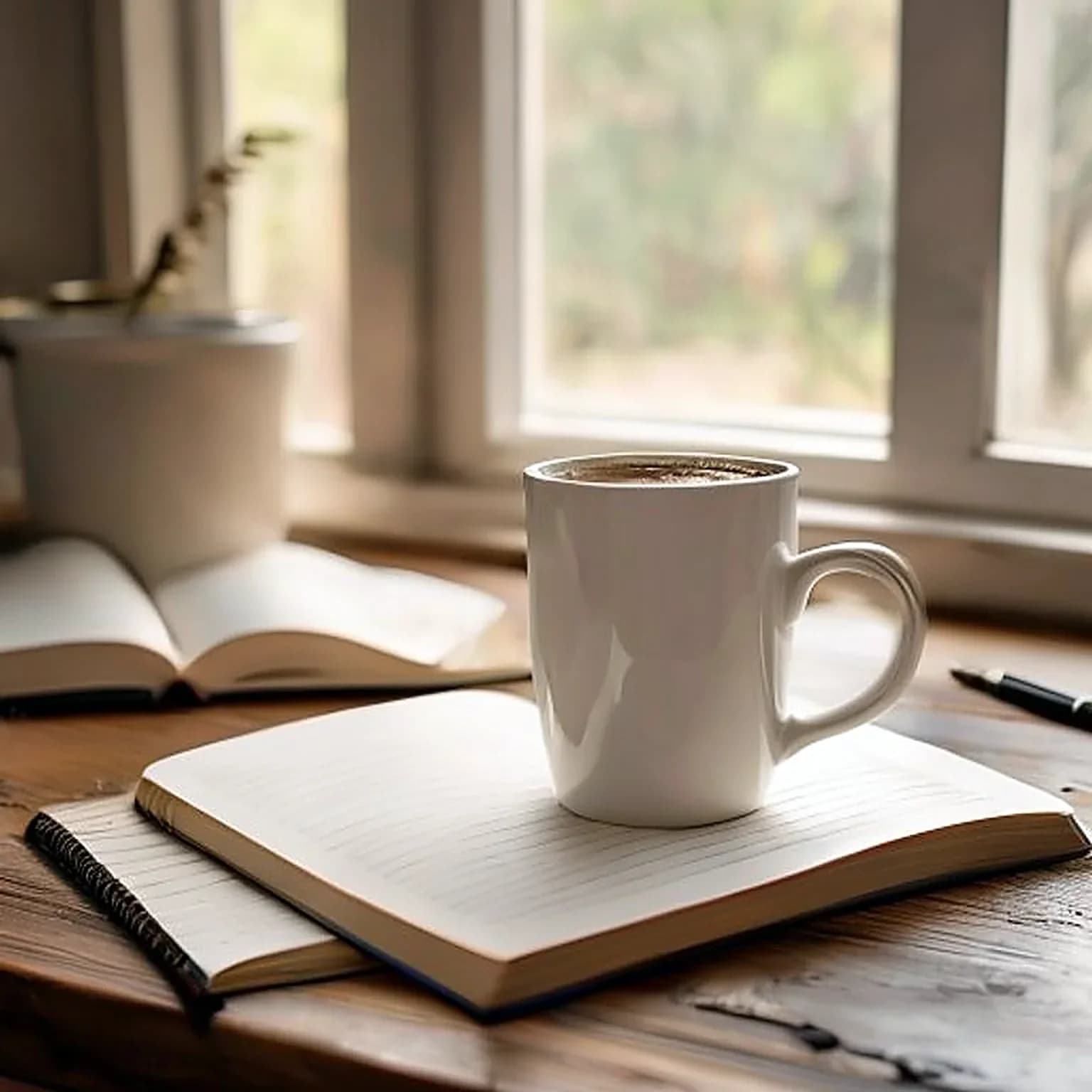 white ceramic mug of black coffee on a wooden desk beside an open notebook and pen, soft window light, no people in frame, still life photography