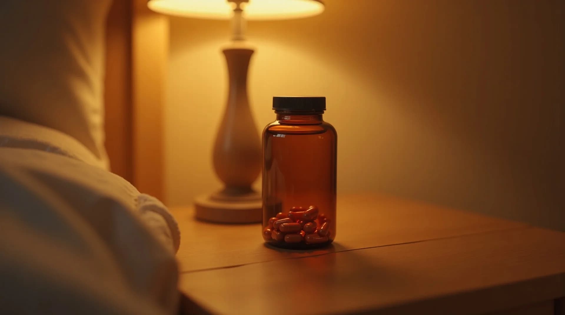 amber glass bottle of magnesium glycinate capsules on a wooden bedside table with soft warm lighting, photorealistic, ultra detailed, sharp focus