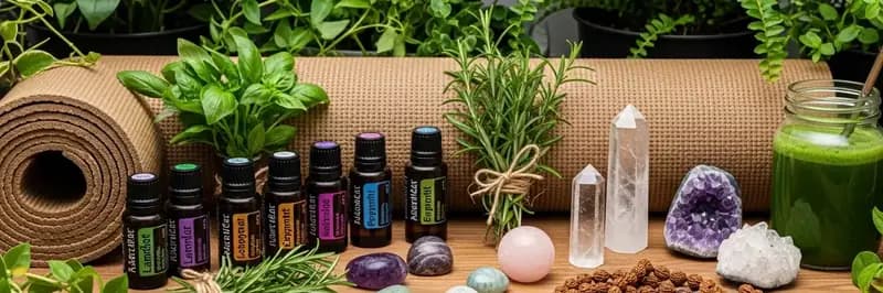 Holistic wellness essentials with herbs, oils, and smoothie