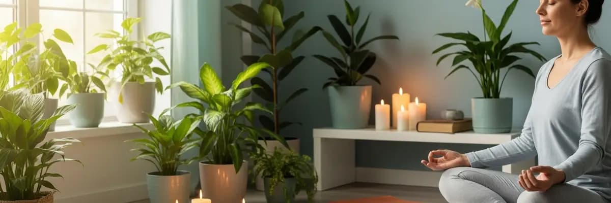 Person meditating by a window with plants, candles, and a journal for mental wellness