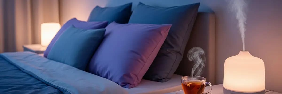 Peaceful bedroom with lavender pillows, essential oil diffuser, and chamomile tea