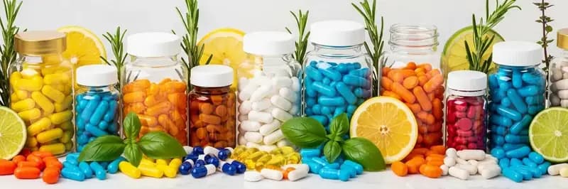 Supplement bottles, capsules, and fresh herbs on marble surface