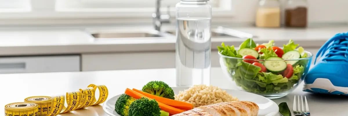 Healthy weight management setup with portion plate, salad, measuring tape, and water bottle